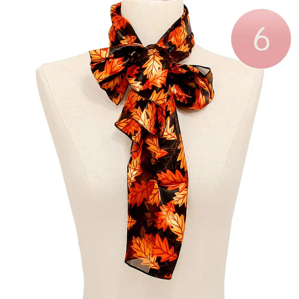 6PCS Silk Feel Striped Leaf Print Scarf