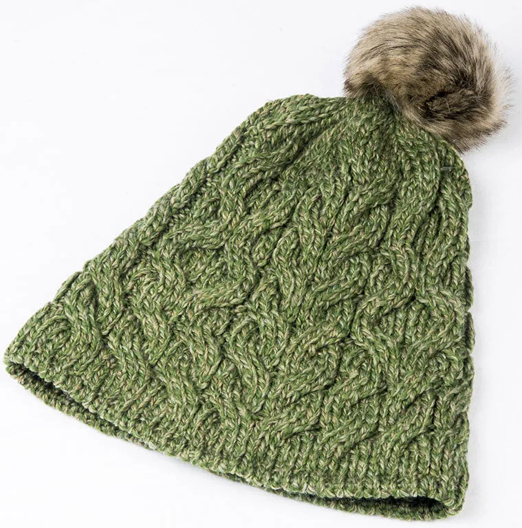 Aran Knitted Faux Fur Bobble Hat