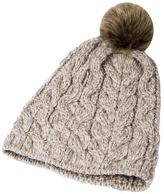 Aran Knitted Faux Fur Bobble Hat