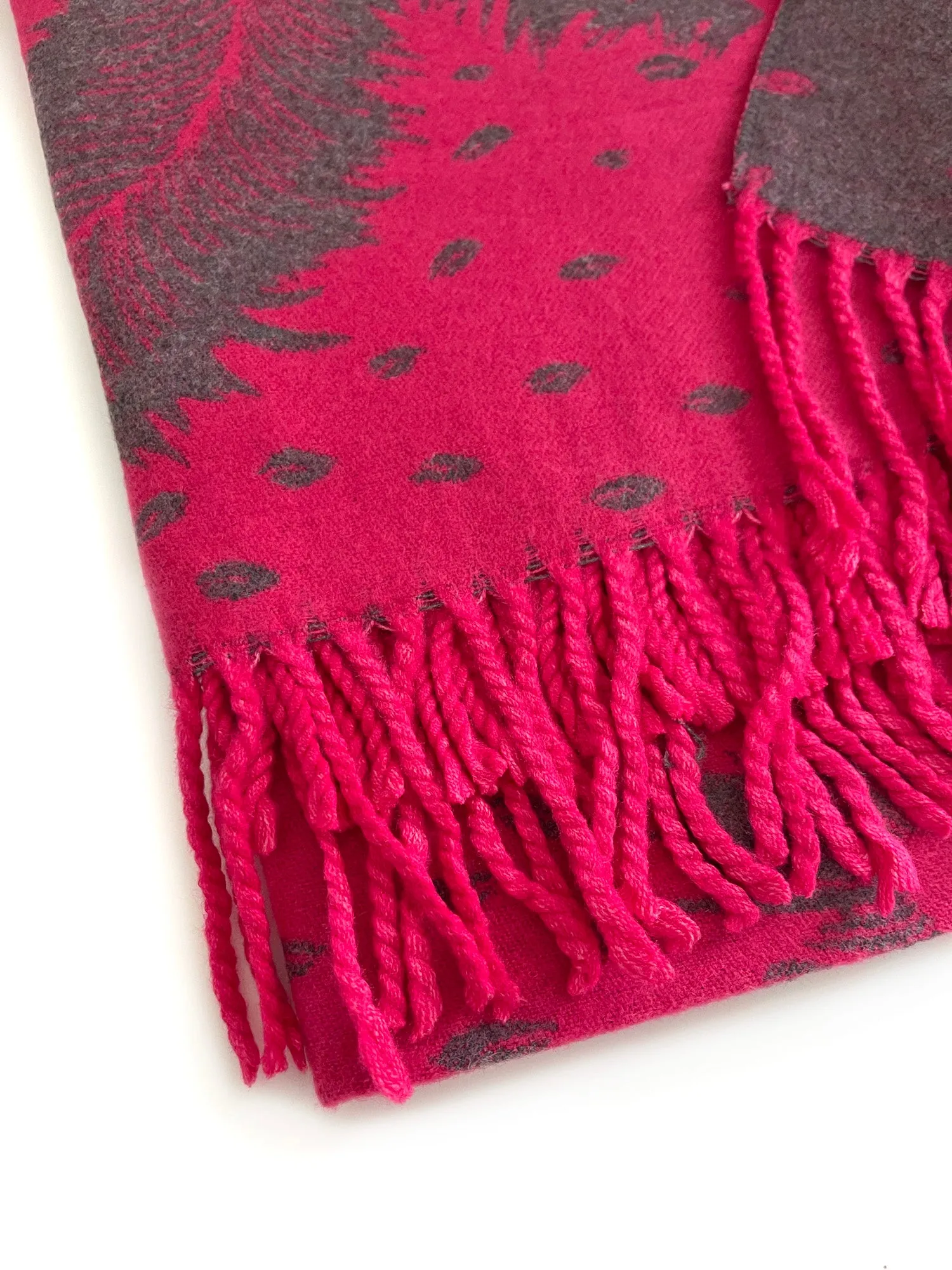 LARGE FUCHSIA CASHMERE FEATHER PRINT REVERSIBLE WINTER SHAWL BLANKET SCARF