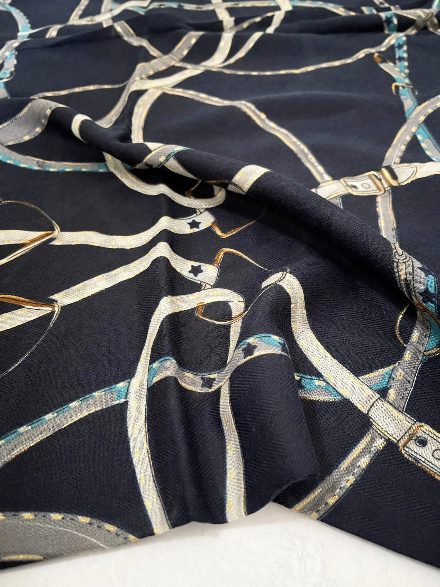 LARGE NAVY BLUE CONTEMPORARY BUCKLE PRINT PASHMINA SHAWL SCARF