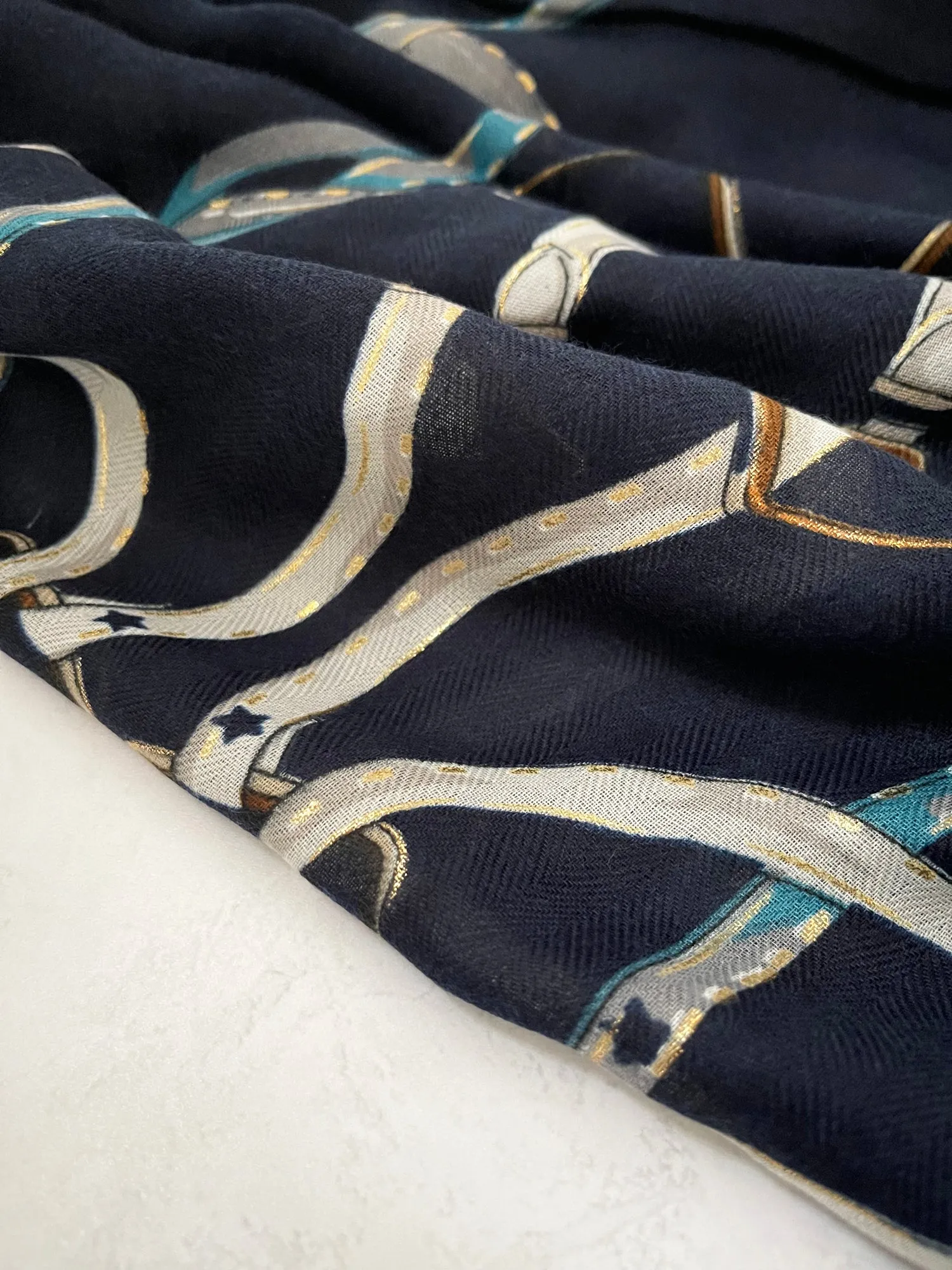 LARGE NAVY BLUE CONTEMPORARY BUCKLE PRINT PASHMINA SHAWL SCARF