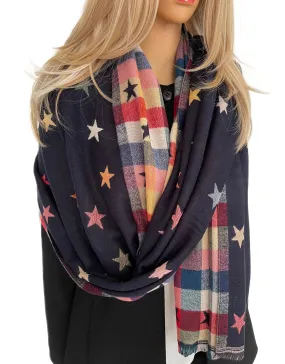 LARGE NAVY BLUE STAR PRINT REVERSIBLE WINTER SHAWL BLANKET SCARF