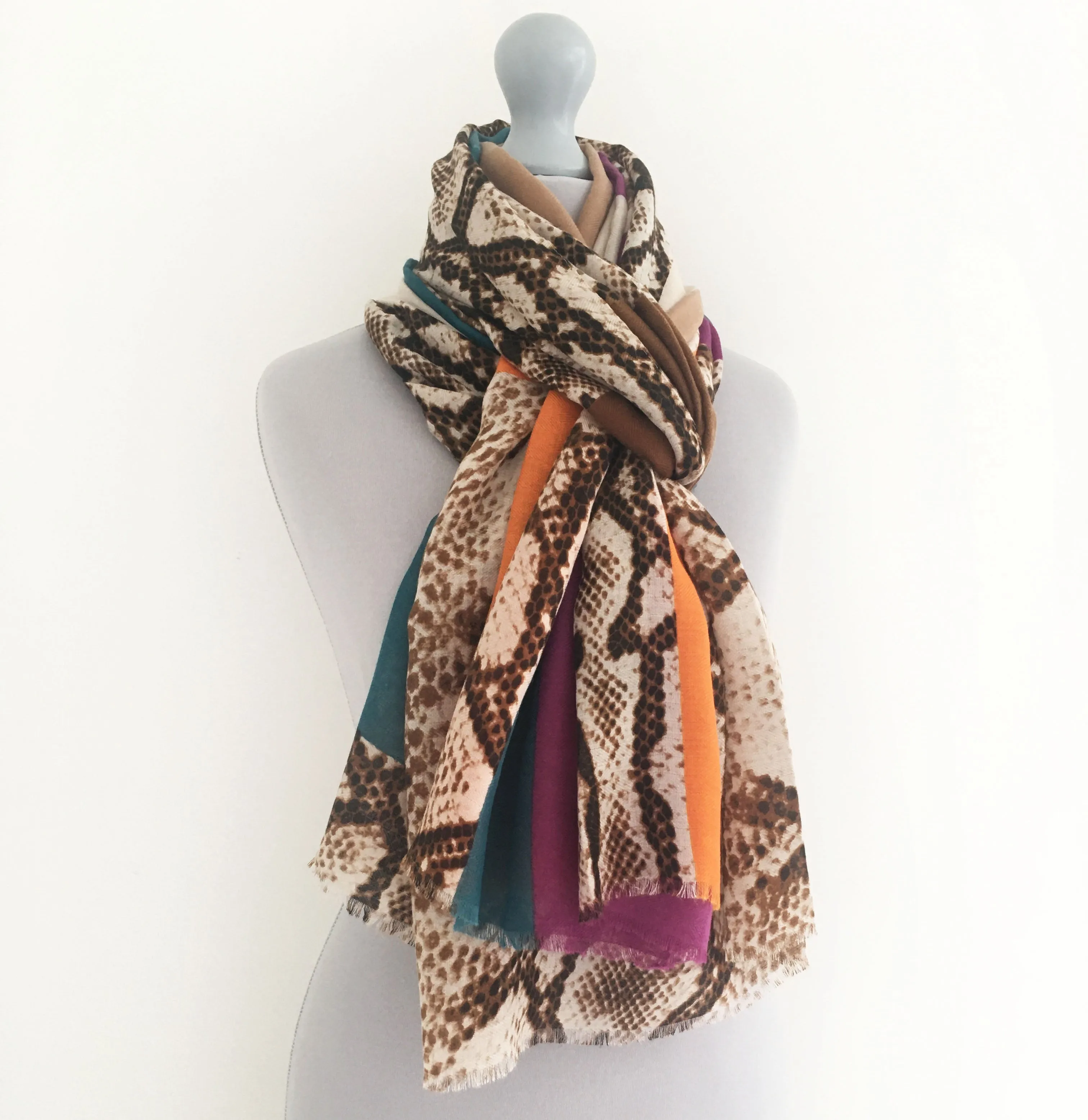 LARGE ORANGE BLOCK PRINT SNAKESKIN SHAWL SCARF