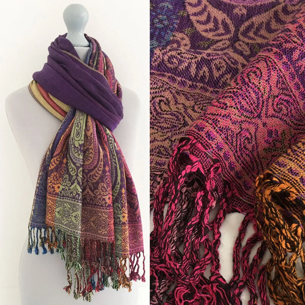 LARGE PURPLE RAINBOW MULTI COLOUR PAISLEY PRINT PASHMINA SHAWL SCARF