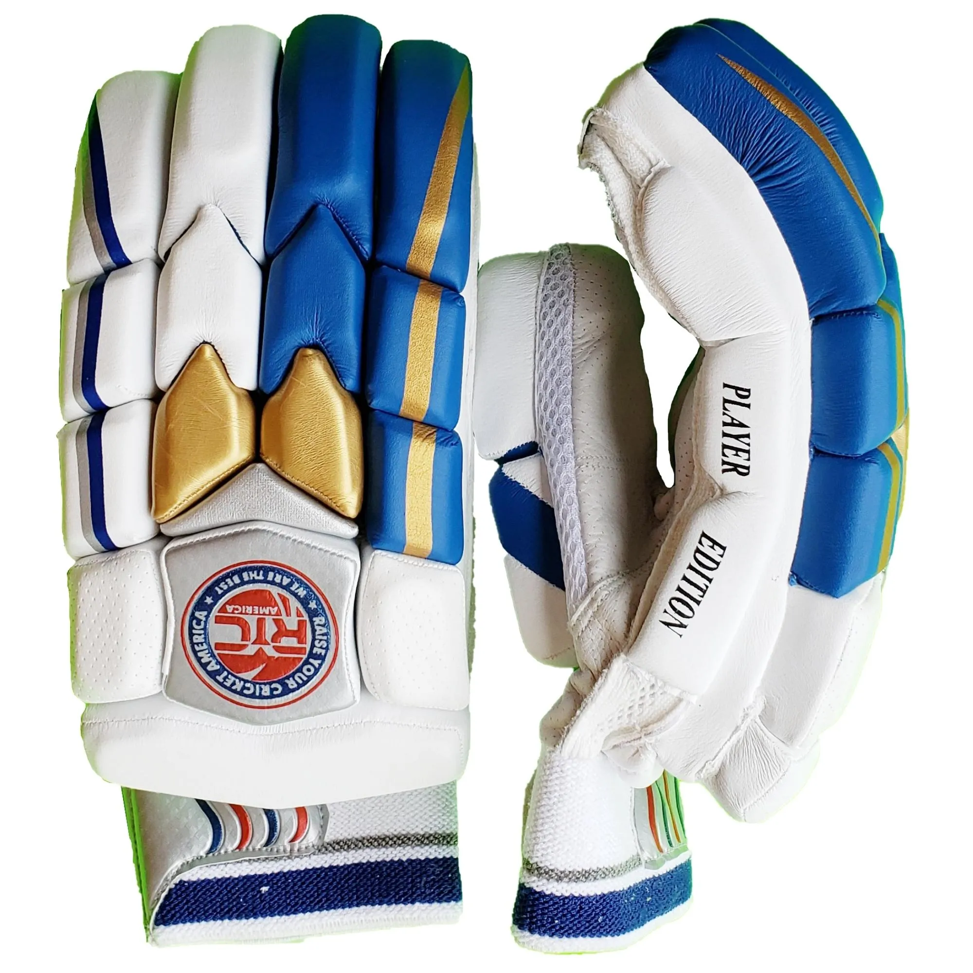 RYC Player Edition Blue and Gold Zee Sports Batting Gloves - Premium Quality Cricket Gear